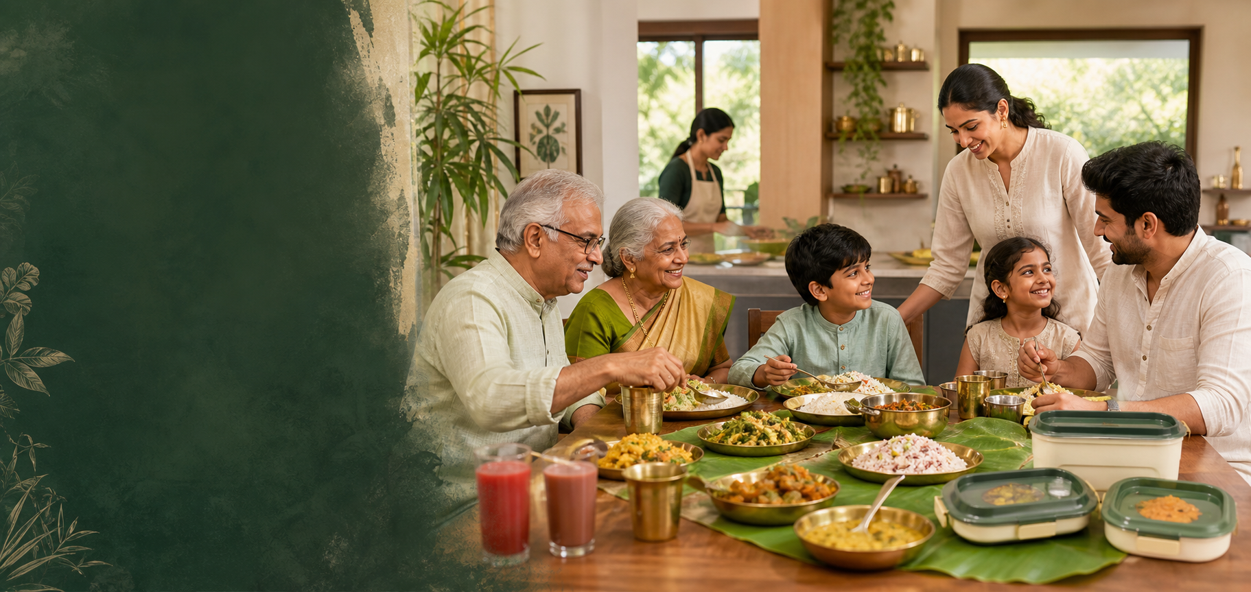 A modern Telugu family happily sharing fresh balanced Dhara Ruchulu meals